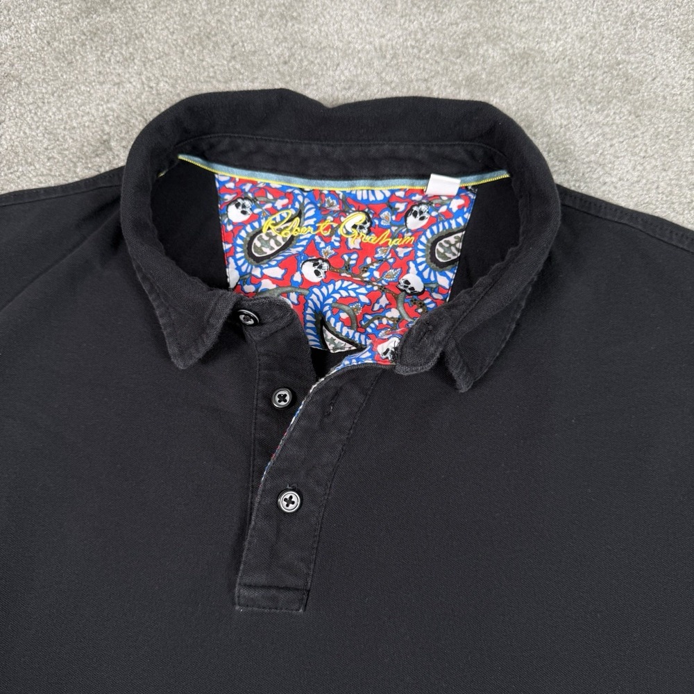 Robert Graham Polo Shirt‎ Mens XL Black Stretch Skull Paisley Cotton Blend